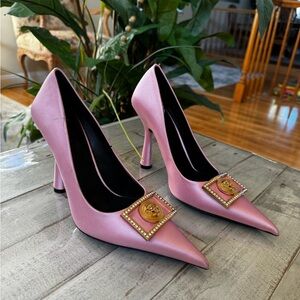 Versace Pink Heels with Gold Medallion